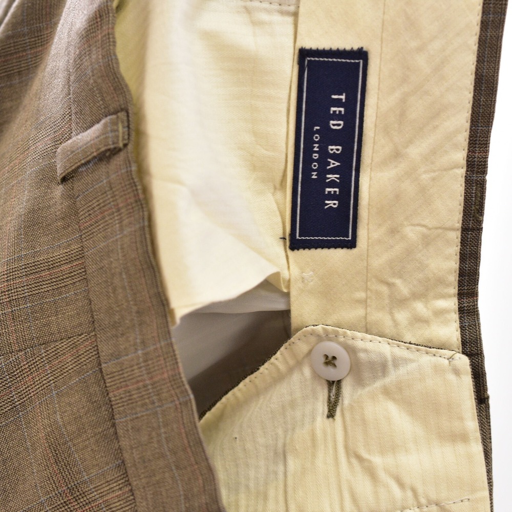 Ted Baker Plaid Wool Suit Mens 44R 34x32 Light Brown 3 Button Pleated Pants 90s - Picture 9 of 9